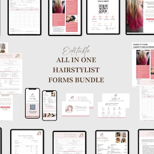 Pode incluir: Um conjunto de formulários imprimíveis para cabeleireiros. Os formulários são rosa e branco com um design moderno. O texto nos formulários inclui "Editable All in One Hairstylist Forms Bundle", "Guide to Your Hairstyling Experience" e "Hair Styling Pricing Guide".