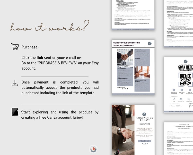 May include: A guide to consulting services experience with a QR code for payment. The guide includes information on how to contact the consultant and how to get started. The guide also includes a section on how to evaluate your consulting experience.