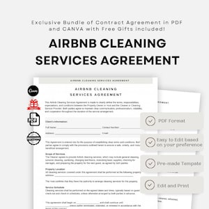 May include: An Airbnb Cleaning Services Agreement document, featuring the text "AIRBNB CLEANING SERVICES AGREEMENT". The document includes sections for client information and service details, with icons indicating PDF format, easy editing, pre-made template, and print options.