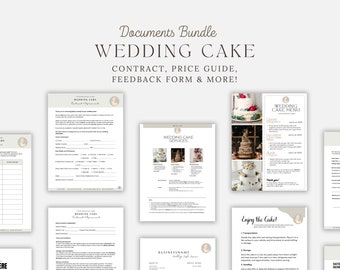 Pode incluir: Um conjunto de documentos imprimíveis para empresas de bolos de casamento. Os documentos incluem um contrato de acordo, um guia de preços, um menu de bolos de casamento e um formulário de feedback. Os documentos são projetados com uma estética minimalista e apresentam um fundo marrom claro com texto branco.