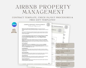 May include: A printable contract template for Airbnb property management. The template includes a contract agreement, check-in/out procedures, and free gift templates. The document is editable in Canva and easy to print.