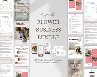 Peut inclure: Ensemble de documents d'entreprise de fleuriste éditable avec des motifs floraux roses et blancs. Comprend une liste de prix, un guide d'entretien, un contrat, des modèles de médias sociaux et plus encore.