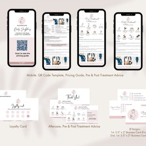 K&ouml;nnte beinhalten: Ein Satz druckbarer Marketingmaterialien f&uuml;r ein Body-Sculpting-Unternehmen. Das Set beinhaltet eine mobilfreundliche QR-Code-Vorlage, einen Preisf&uuml;hrer, Ratschl&auml;ge vor und nach der Behandlung, eine Treuekarte und zwei Visitenkarten-Designs. Die Karten sind 3,5 Zoll mal 2 Zoll gro&szlig;.