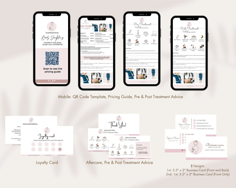 K&ouml;nnte beinhalten: Ein Satz druckbarer Marketingmaterialien f&uuml;r ein Body-Sculpting-Unternehmen. Das Set beinhaltet eine mobilfreundliche QR-Code-Vorlage, einen Preisf&uuml;hrer, Ratschl&auml;ge vor und nach der Behandlung, eine Treuekarte und zwei Visitenkarten-Designs. Die Karten sind 3,5 Zoll mal 2 Zoll gro&szlig;.