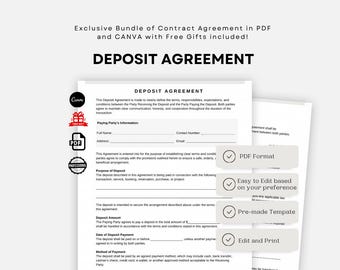 Deposit Agreement Template - Customizable Contract Document, Secure Payment, Instant Download, Business Forms, Financial Security, Printable