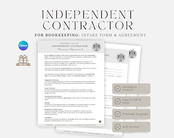 Può includere: Un modello stampabile per un contratto di lavoro autonomo per servizi di contabilità. Il documento include un elenco di funzionalità, come la possibilità di essere modificato in Canva, facile da modificare e stampare, un modello predefinito e include una fattura. Il documento ha un'icona di bilancia e il testo "Servizi di contabilità Contratto di lavoro autonomo Contratto di servizio".