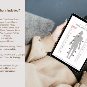 K&ouml;nnte beinhalten: Ein digitales Tablet zeigt eine K&ouml;rperma&szlig;tabelle mit einer Silhouette einer Person und nummerierten Punkten zum Messen. Die Tabelle ist mit "K&ouml;rpermessung" betitelt.
