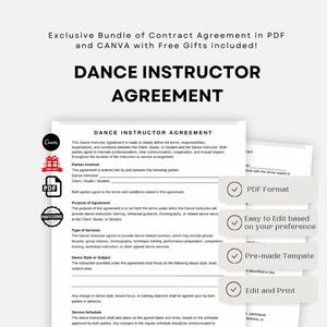 May include: A digital document titled Dance Instructor Agreement featuring sections for parties involved, purpose, type of services, and service schedule. The bundle includes PDF and Canva formats with icons for gifts, PDF, and professional standards.