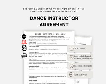 Dance Instructor Agreement PDF Template - Dance Studio or Freelance Teacher Contract - Professional and Customizable - Editable Canva