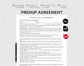 Editable Prenuptial Agreement, Simple Antenuptial Contract Form Template, Printable Financial Disclosure, Prenup Form, Instant Download