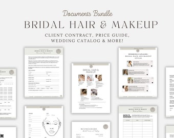 Pode incluir: Um conjunto de documentos imprimíveis para artistas de cabelo e maquiagem de noiva. Os documentos incluem um contrato de cliente, um guia de preços, um catálogo de casamento e muito mais. Os documentos são projetados em um estilo minimalista com uma paleta de cores neutras.