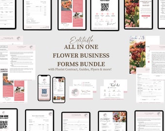 Peut inclure: Ensemble de formulaires de fleuriste éditable avec une variété de modèles, y compris un guide pour créer des arrangements floraux, un contrat de fleuriste, des cartes de remerciement et une facture d'entreprise. Le pack comprend un code QR pour le paiement.