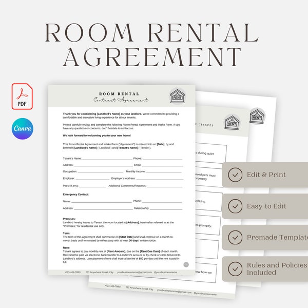 Room Rental Agreement Form Template Etsy