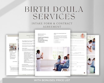 Contrato de doula de parto, Acuerdo de servicios de doula, Contrato de apoyo para el parto, Factura de doula, Tarjeta de presentación de doula, Plantillas editables