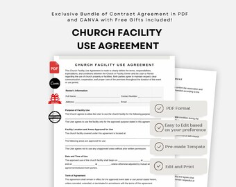 Church Facility Use Contract, Customizable Church Rental Agreement for Events Template, Printable Meetings, Weddings Church Instant Download