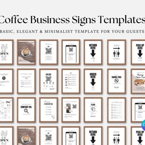 Modelo de menu de lista de preços de café, sinalização de café, pacote de modelo de placa de negócios de cafeteria, placa de Wi-Fi, placa de banheiro, guia do cliente editável