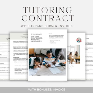 Könnte beinhalten: Mehrere gedruckte Tutoring-Vertragsformulare mit dem Titel "TUTORING CONTRACT". Das Bild zeigt Kinder und Erwachsene, die zusammenarbeiten. Der Text "BUILDING CONFIDENCE, ACHIEVING EXCELLENCE" ist sichtbar. Die Wörter "WITH INTAKE FORM & INVOICE" sind ebenfalls sichtbar.