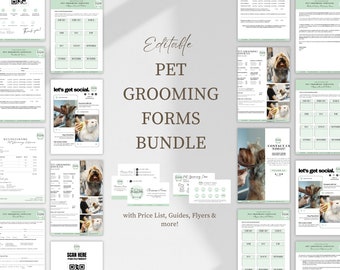 May include: Editable pet grooming forms bundle with price list, guides, flyers, and more. The forms are in a green and white colour scheme with a cute dog and cat illustration. The text "let's get social" is featured on the forms.