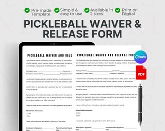 Pickleball Waiver, Sports Activity Consent Form template, Sports Participation Waiver, PDF, CANVA