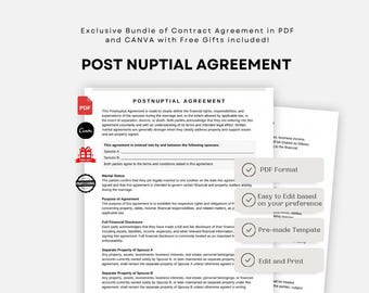 Detailed Postnuptial Agreement Template Customizable Legal Document for Marital Property Division Printable Editable PDF and Canva Formats