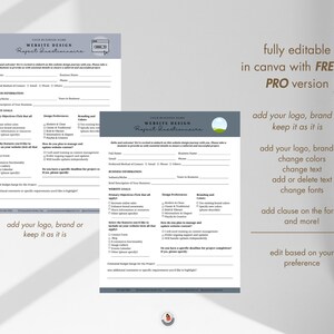 May include: A blue and white questionnaire for website design projects. The questionnaire asks questions about the client's business goals, design preferences, branding and colors, and website features. The text "fully editable in Canva with FREE or PRO version" is at the top of the page.
