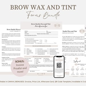 May include: A set of printable forms for a brow wax and tint business. The forms include a client consent form, a client information form, a cancellation policy, and a patch test form. The forms are editable in Canva and include a bonus invoice, price list, aftercare card, and QR code template. The forms are available in two sizes.
