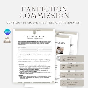 Op de afbeelding: Een bewerkbare Canva-sjabloon voor een fanfiction-commissieovereenkomst. De sjabloon bevat een gratis cadeau-sjabloon. De tekst op de sjabloon luidt "Fanfiction Commission Contract Agreement".
