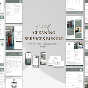 May include: Editable cleaning services bundle with price list, guides, flyers, and more. The bundle includes a variety of templates for a cleaning business, including a price list, guides, flyers, and more. The templates are designed to be easy to edit and customize.