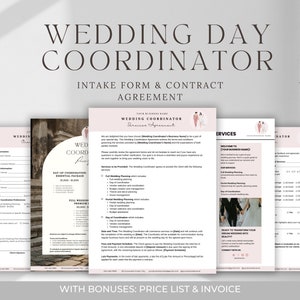 May include: A wedding day coordinator intake form and contract agreement with a pink and white color scheme. The document includes sections for client information, services provided, pricing, and a welcome message. The text "Wedding Day Coordinator" is displayed in a large font at the top of the page.