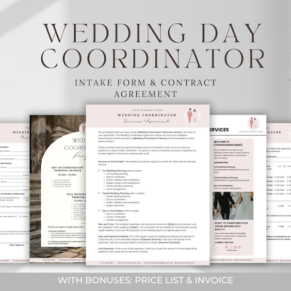 Wedding Day Event Coordinator Contract, Wedding Day Coordinator, Event Coordinator Contract, Wedding Services Agreement, Wedding Planner
