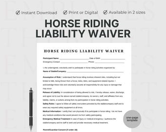 One Page Horse Riding Liability Waiver, Editable Equine Waiver Form Template Canva, Printable Riding School Waiver, Horse Rental Consent
