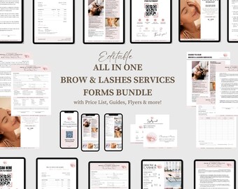 May include: A digital bundle of printable forms for brow and lash services. The bundle includes a price list, guides, and flyers. The forms are editable and feature a pink and white color scheme.