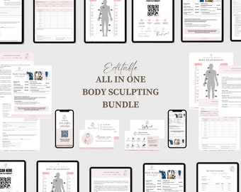May include: A digital marketing bundle for body sculpting businesses. The bundle includes editable templates for client intake forms, price lists, body measurement charts, and business cards. The bundle is designed to help businesses streamline their operations and attract new clients.