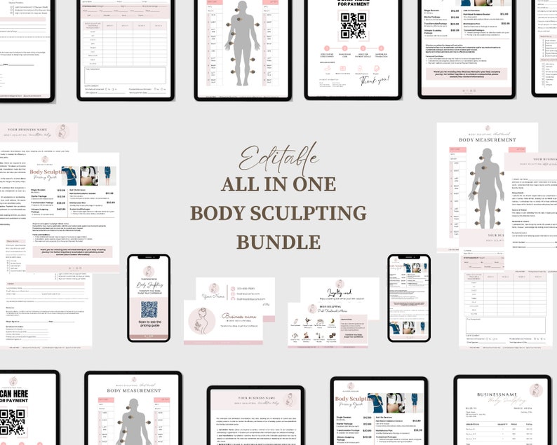K&ouml;nnte beinhalten: Ein digitales Marketing-Paket f&uuml;r Body-Sculpting-Unternehmen. Das Paket enth&auml;lt editierbare Vorlagen f&uuml;r Kundenaufnahmeformulare, Preislisten, K&ouml;rperma&szlig;tabellen und Visitenkarten. Das Paket soll Unternehmen helfen, ihre Abl&auml;ufe zu optimieren und neue Kunden zu gewinnen.
