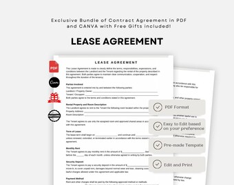 Editable Rental Agreement Template. Printable Lease Agreement. Residential Housing Agreement. Lease Contract Template. Canva PDF