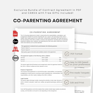 Op de afbeelding: Een co-ouderschapsovereenkomst documentenbundel in PDF- en Canva-formaten. De pagina bevat zwarte tekst op een witte achtergrond met secties voor namen van ouders, gegevens van kinderen en voorwaarden voor voogdij. Pictogrammen voor PDF, Canva en geschenken.