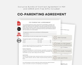 Co-Parenting Agreement Template - Custody and Visitation | Printable Shared Parenting Plan | Joint Custody Agreement | Co Parenting Contract
