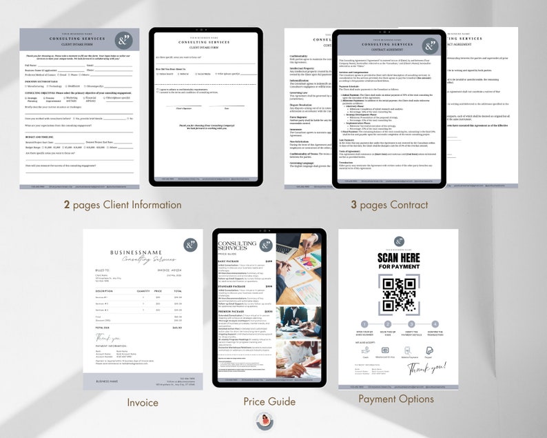 May include: A set of printable documents for a consulting business. The documents include a client information form, a contract, an invoice, a price guide, and payment options. The documents are designed in a modern style with a gray and white color scheme.