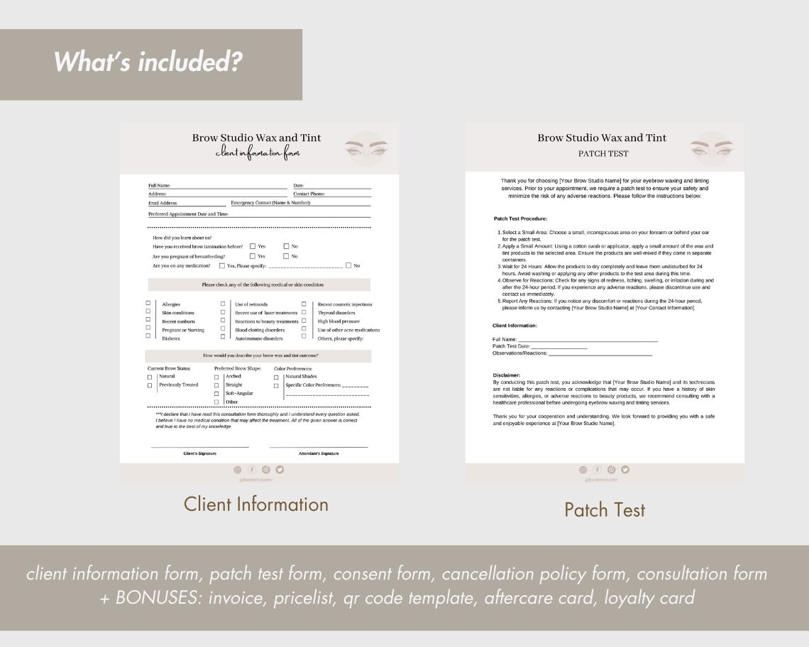 Esthetician Form, Brow Wax & Tint Client Forms Bundle - Editable ...