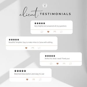 May include: Four customer testimonials with five-star ratings and positive reviews. The reviews highlight the product's helpfulness, ease of use, and quality. The text includes "Very helpful and answered all my questions", "Beautiful Template. Easy to make mines in Canva with editing.", "Matched description and easy to use", and "Perfect for what I need! Thank you!"