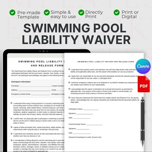 May include: A digital swimming pool liability waiver template. The document includes sections for participant information, release of liability, and signature lines. The design features a Canva and PDF logo, and the text reads "Swimming Pool Liability Waiver."