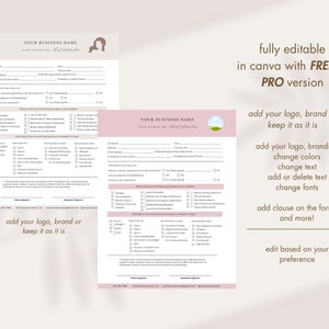 May include: A pink and white printable hair extension consultation form template. The form includes sections for client information, hair history, and desired hair extension details. The text "fully editable in canva with FREE or PRO version" is displayed on the right side of the image.