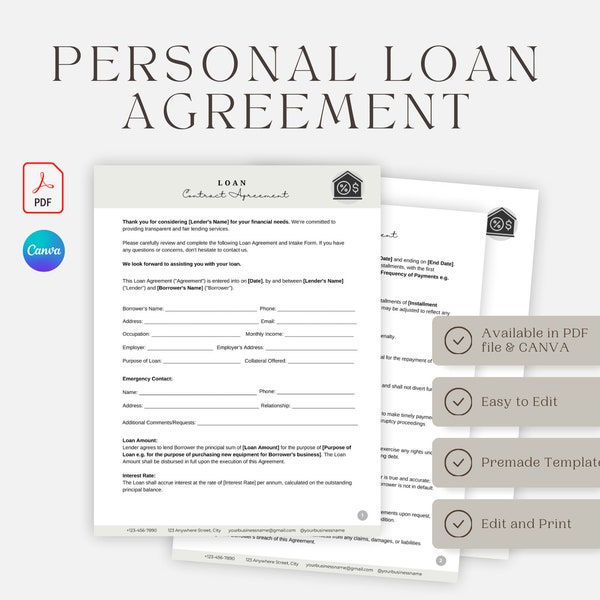 Loan Agreement Template,  Personal Loan Agreement, Personal Loan Contract, Loan Contract, Loan Agreement, Loan form, Promissory Note