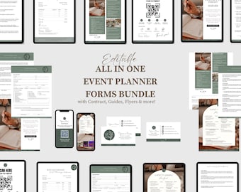 May include: A digital product bundle for event planners, featuring editable forms, contracts, guides, and flyers. The bundle includes a variety of templates with a green and white color scheme.