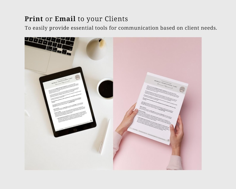 May include: A printable worksheet titled "Mobile Transaction Card" with a list of questions to help you understand your client's needs. The worksheet is shown on a tablet and in a person's hand.