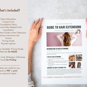 May include: A pink and white guide to hair extensions with a woman with long hair on the cover. The guide includes information on types of hair extensions, choosing the right extension type, and aftercare instructions.