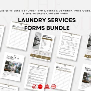 May include: A bundle of laundry service forms, flyers, and business card templates. The forms include order forms, pricing guides, and terms and conditions. The design features a clean, modern layout with a white and gold color scheme. The text "LAUNDRY SERVICES FORMS BUNDLE" is prominently displayed.