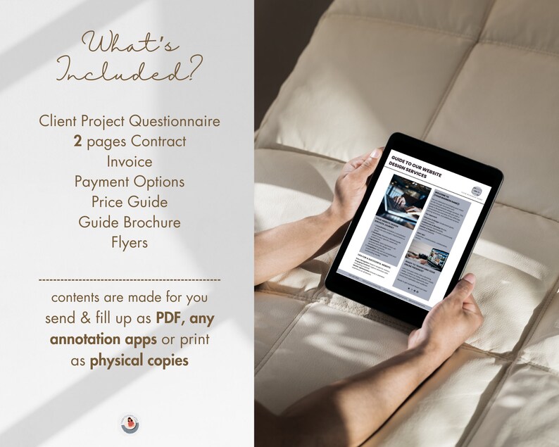 May include: A person is relaxing on a couch and reading a digital guide to website design services. The guide includes information on website design services, pricing, and payment options. The text on the screen reads "Guide to our Website Design Services".