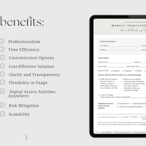 May include: A mobile charcuterie cart event booking form with a checklist of benefits, including professionalism, time efficiency, customization options, cost-effective solutions, clarity and transparency, flexibility in usage, digital access anytime, anywhere, risk mitigation, and scalability.