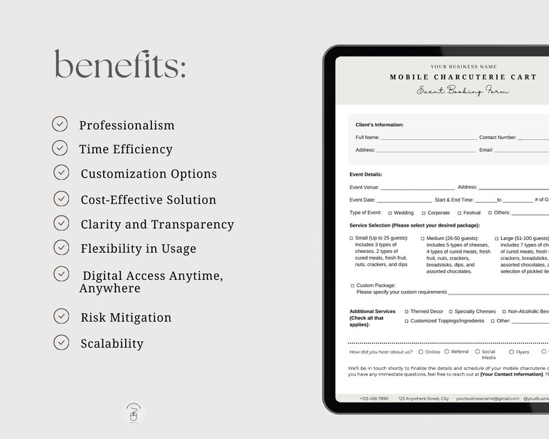 May include: A mobile charcuterie cart event booking form with a checklist of benefits, including professionalism, time efficiency, customization options, cost-effective solutions, clarity and transparency, flexibility in usage, digital access anytime, anywhere, risk mitigation, and scalability.